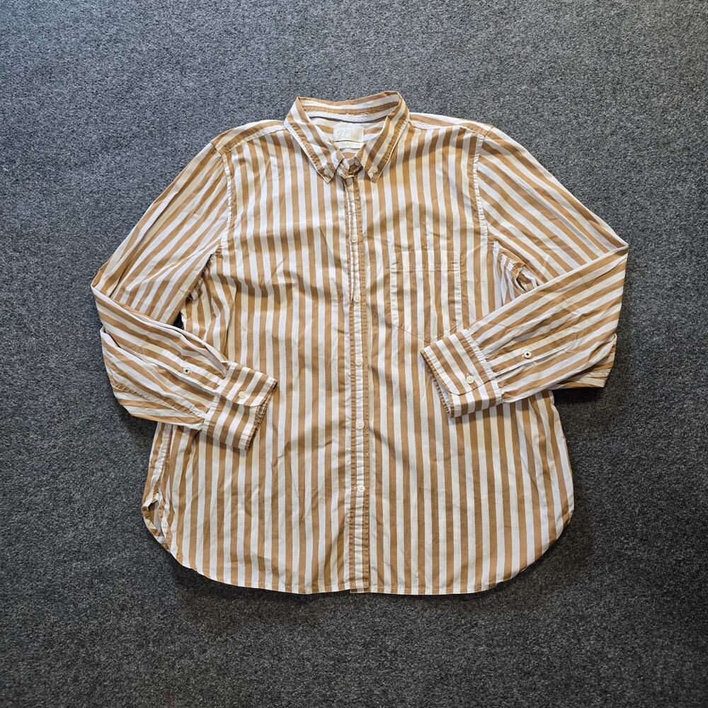 J Crew Top Women Size 18 Brown White Striped Button Up Long Sleeve Career Casual